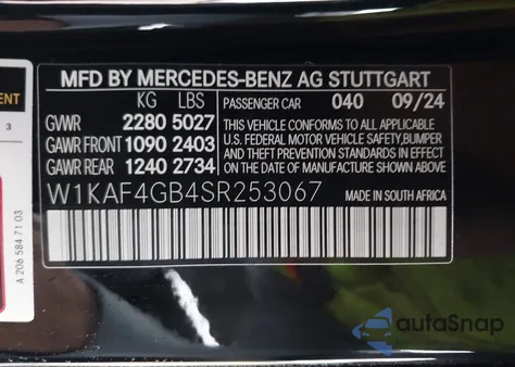 2025 Mercedes-Benz C 300 z USA, uszkodzony, nr VIN W1KAF4GB4SR253067